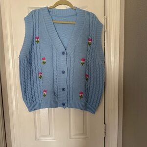 Blue Cable Knit Sweater Vest with Floral Embroidery